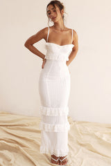 Classy Ruffle Sweetheart Broderie Anglaise Fitted Layered Maxi Sundress - White