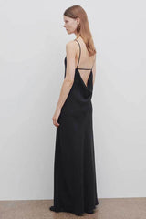 Classy Scoop Neck Draped Backless Silk Blend Slip Maxi Dress - Black