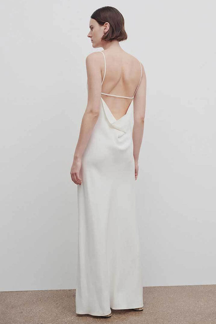 Classy Scoop Neck Draped Backless Silk Blend Slip Maxi Dress - White