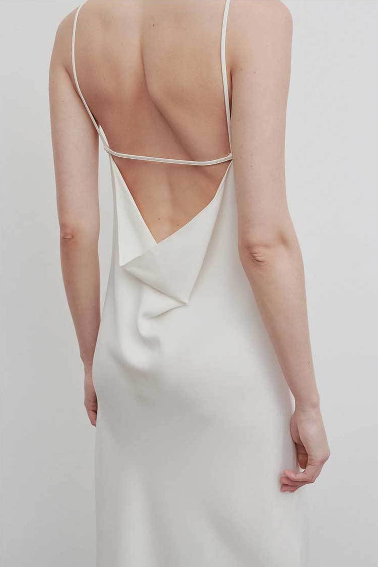 Classy Scoop Neck Draped Backless Silk Blend Slip Maxi Dress - White