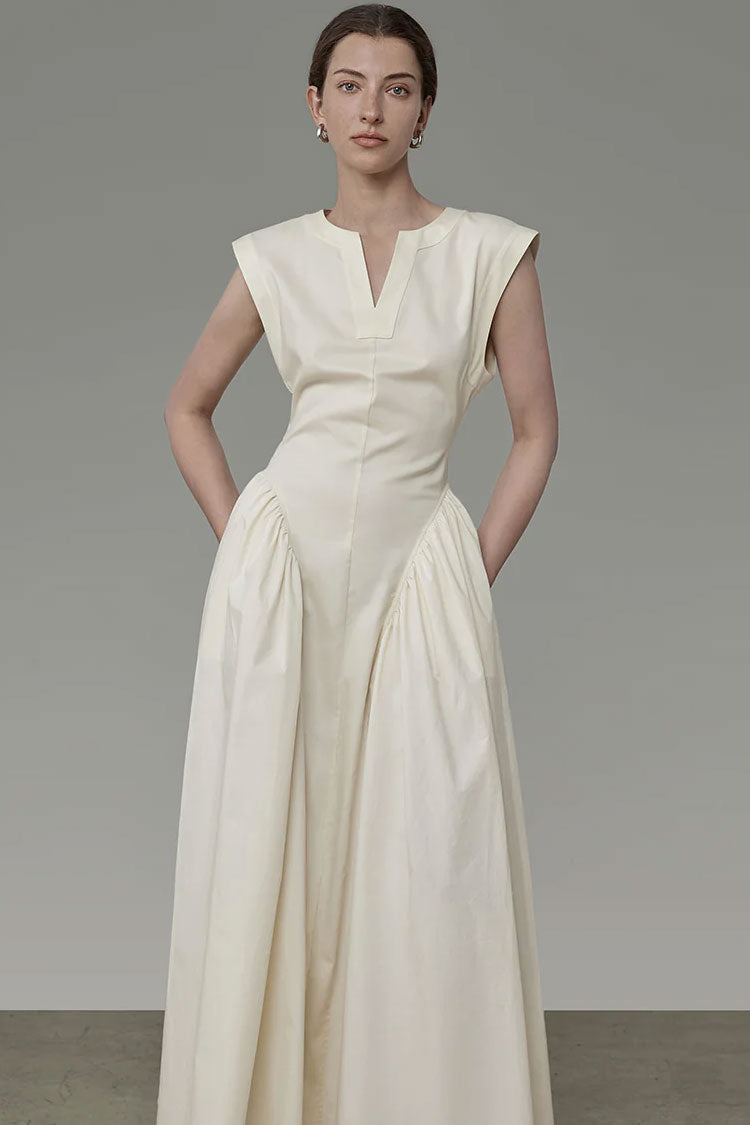 Classy V Neck Ruffle Detail Pocket Trim Sleeveless Maxi Dress - Aprico ...