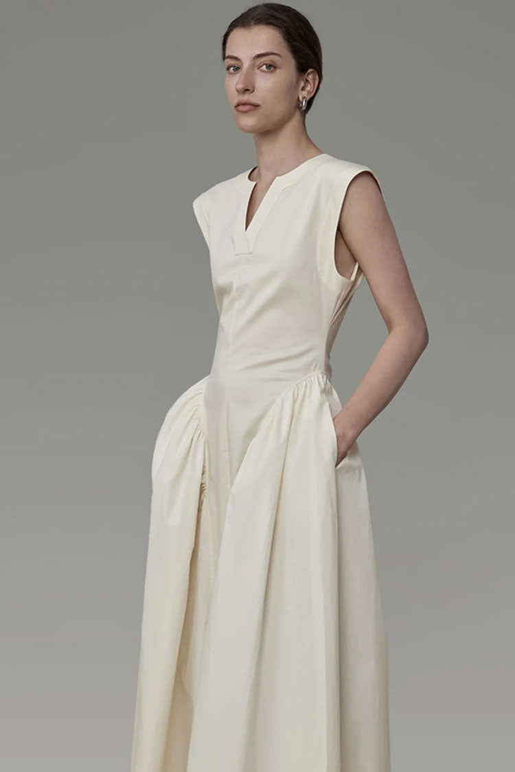 Classy V Neck Ruffle Detail Pocket Trim Sleeveless Maxi Dress - Aprico ...