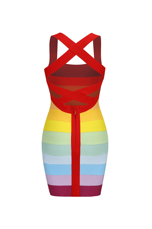 Colorful Square Neck Cross Back Cutout Bandage Bodycon Party Mini Dress