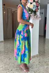 Colorful Tie Dye Deep V Wrap Waist Ruched High Split Formal Maxi Dress - Multicolor