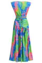 Colorful Tie Dye Deep V Wrap Waist Ruched High Split Formal Maxi Dress - Multicolor