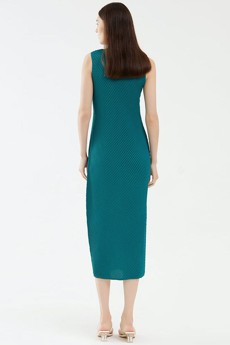 Comfy Diagonal Pleated Crew Neck Sheath Sleeveless Midi Dress - Emerald Green