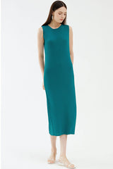 Comfy Diagonal Pleated Crew Neck Sheath Sleeveless Midi Dress - Emerald Green