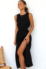 Cool Crew Neck Ruched Cutout Waist Split Midi Summer Sundress - Black