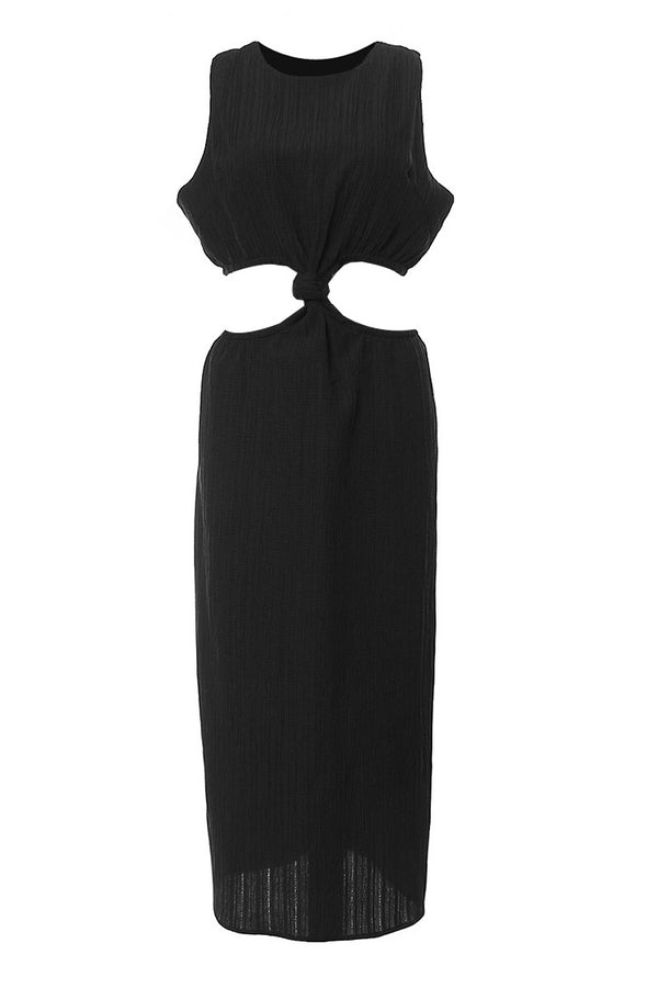 Cozy Textured Crew Neck Ruched Knot Sleeveless Summer Cutout Midi Dress