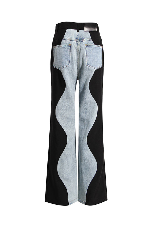 Creative Two Tone Wavy Effect High Waist Wide Leg Full Length Hybrid Jeans