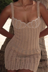 Cute Beaded Sleeveless Scalloped Crochet Knit Beach Vacation Mini Dress