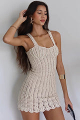 Cute Beaded Sleeveless Scalloped Crochet Knit Beach Vacation Mini Dress