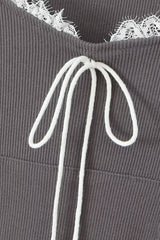 Cute Bow Lace Scoop Neck Kangaroo Pocket Ribbed Crop Hooded Top