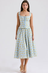 Cute Bow Tie Button Up Summer Floral Two Piece Midi Dress - Light Blue