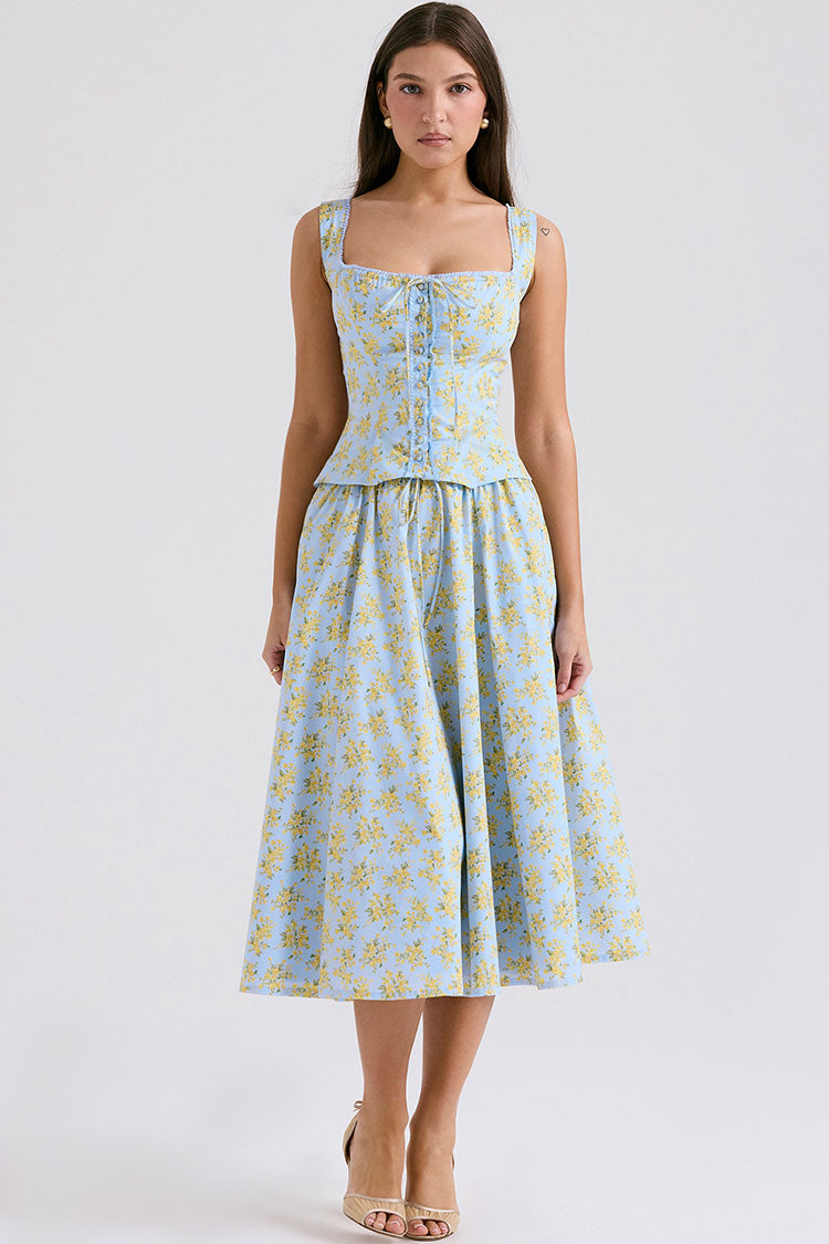 Cute Bow Tie Button Up Summer Floral Two Piece Midi Dress - Light Blue