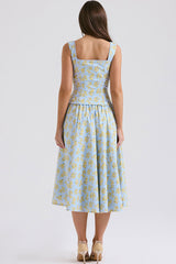 Cute Bow Tie Button Up Summer Floral Two Piece Midi Dress - Light Blue