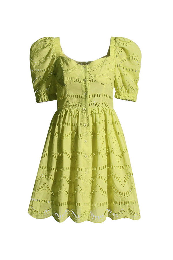 Cute Cutwork Broderie Anglaise Button Up Puff Sleeve Summer Mini Dress