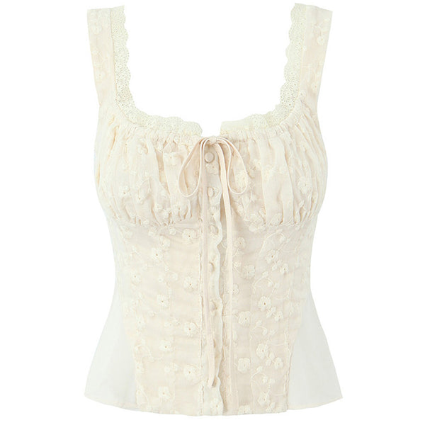 Cute Floral Embroidered Lace Bow Tie Button Up Chiffon