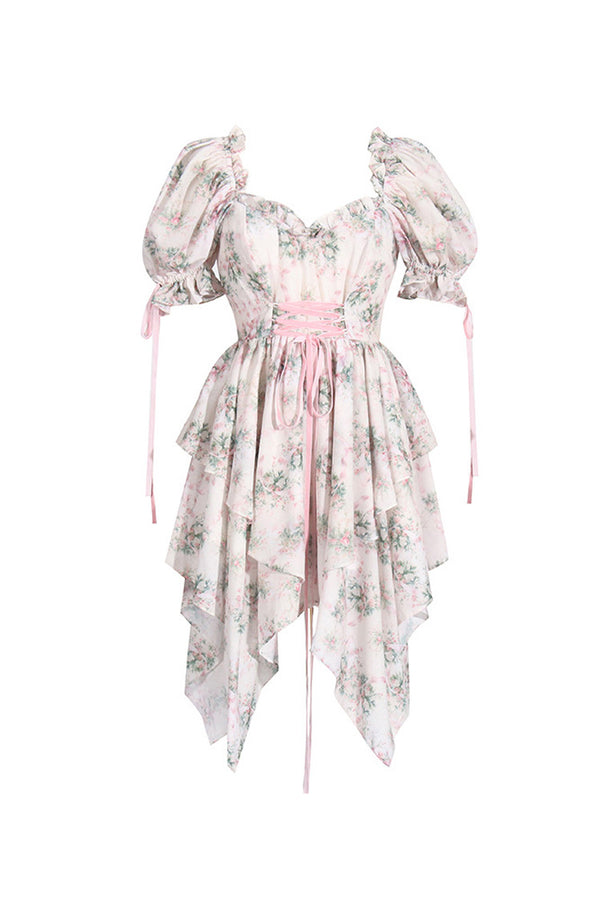 Cute Floral Print Sweetheart Lace Up Asymmetrical Ruffle Summer Mini Dress