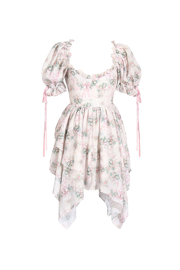 Cute Floral Print Sweetheart Lace Up Asymmetrical Ruffle Summer Mini Dress