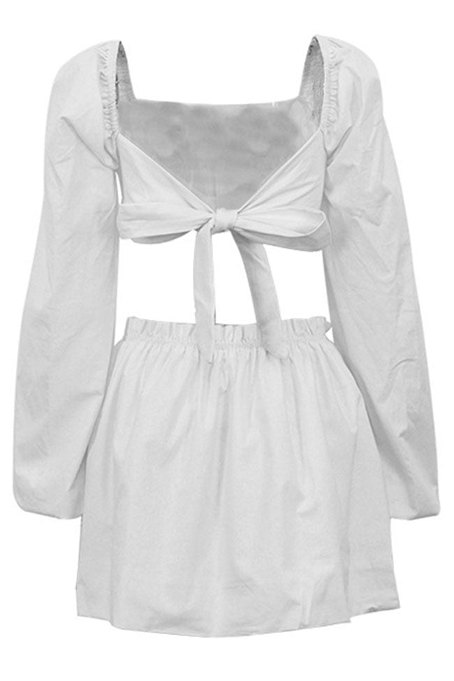 Cute Puff Sleeve Ruched Crop High Waist Two Piece Mini Dress - Off White
