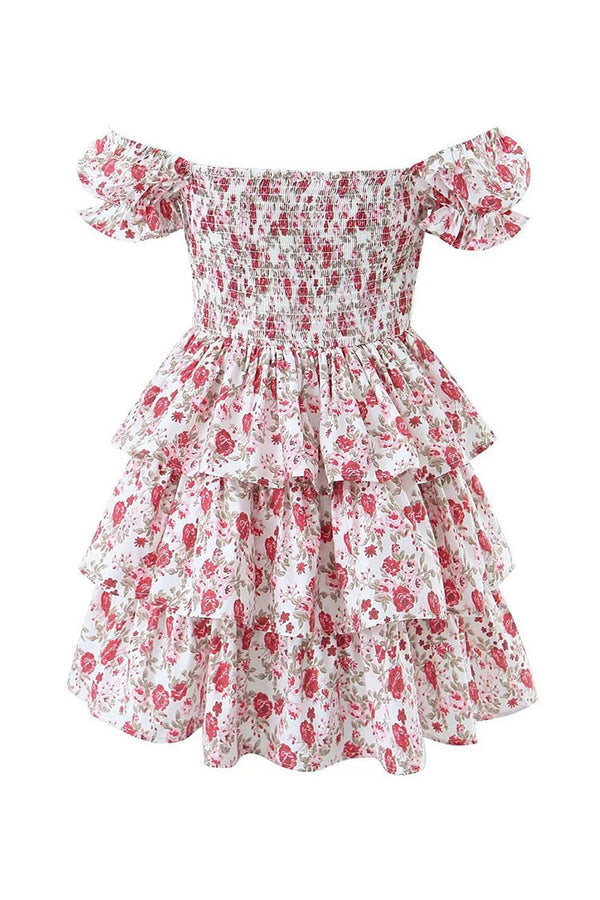 Cute Rose Printed Lace Up Front Puff Sleeve Layered Ruffle Party Mini Dress