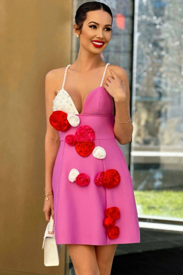 Cute Rosette Applique A Line Bandage Sleeveless Party Mini Dress - Hot Pink