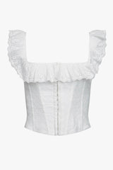 Cute Ruffle Square Neck Hook & Eye Broderie Anglaise Crop Corset Top