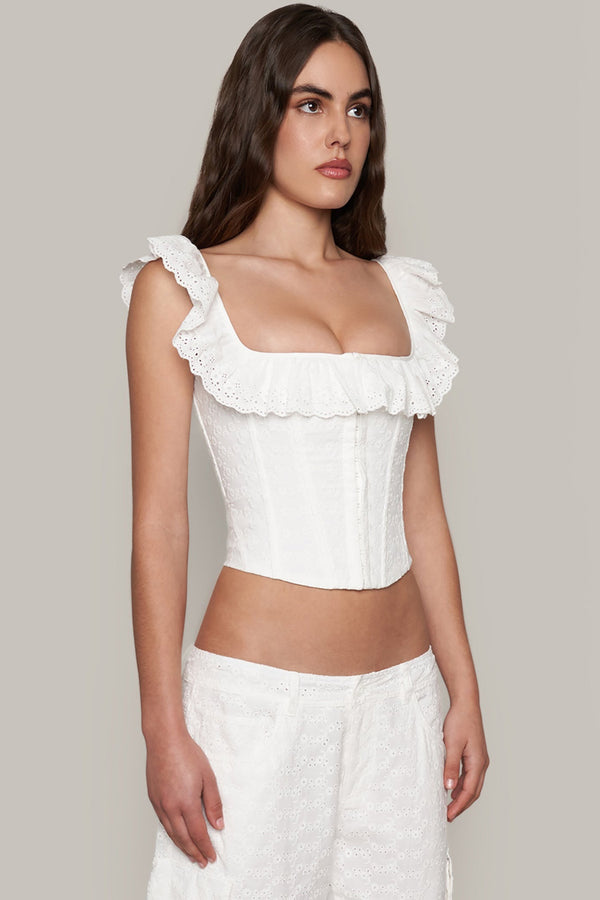 Cute Ruffle Square Neck Hook & Eye Broderie Anglaise Crop Corset Top