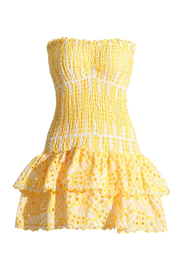 Cute Scalloped Strapless Smocked Broderie Anglaise Tiered Ruffle Mini Dress