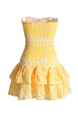 Cute Scalloped Strapless Smocked Broderie Anglaise Tiered Ruffle Mini Dress