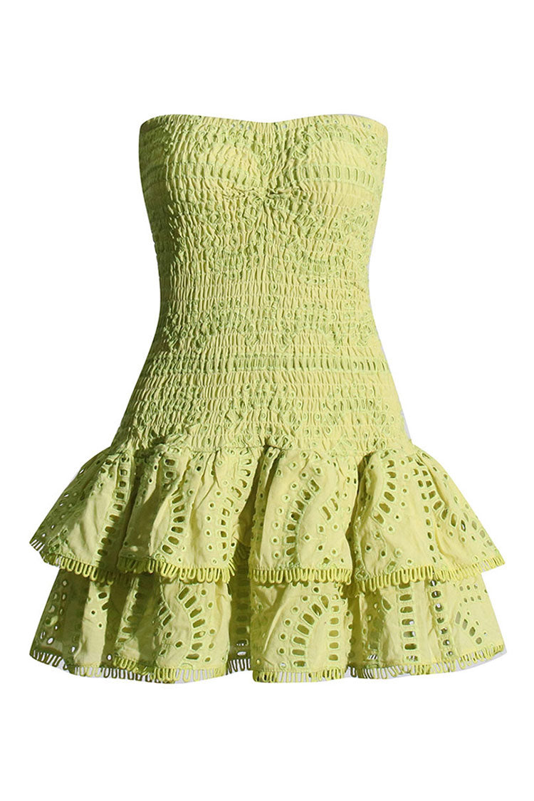 Cute Strapless Smocked Broderie Anglaise Ruffle Tiered Party Mini Dress