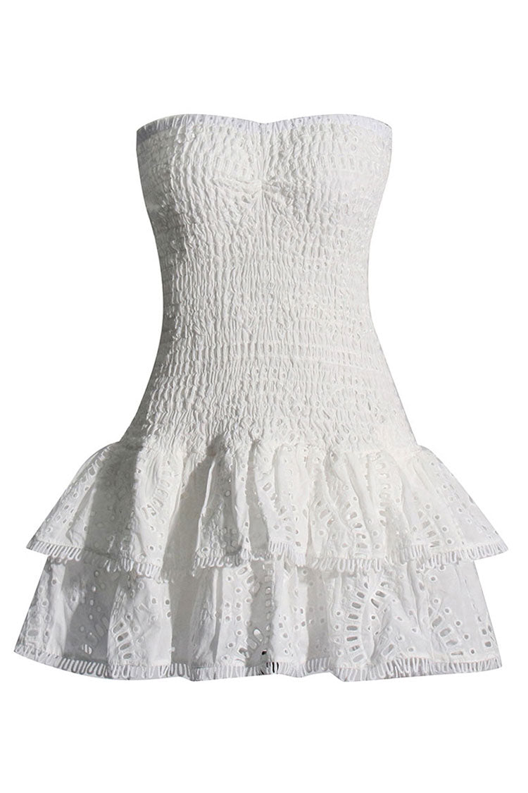 Cute Strapless Smocked Broderie Anglaise Ruffle Tiered Party Mini Dress