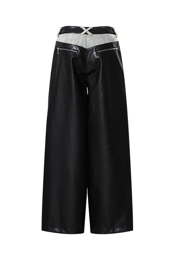 Deconstructed Contrast Exposed Zipper Wide Leg Vegan Leather Hybrid Jeans