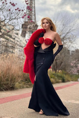 Diva Red Rosette Bra Strapless Lapel Cutout Opera Glove Split Evening Maxi Dress