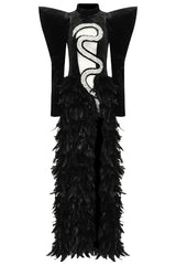 Diva Sharp Sleeve Rhinestone Cutout Faux Feather Split Evening Maxi Dress - Black