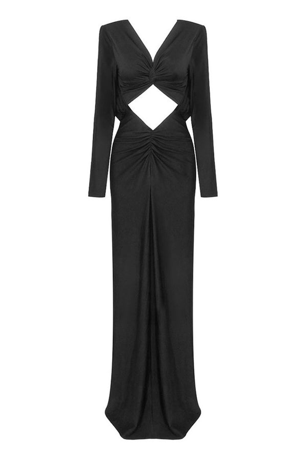 Diva V Neck Long Sleeve Cutout Twist Ruched Draped Jersey Evening Maxi Dress