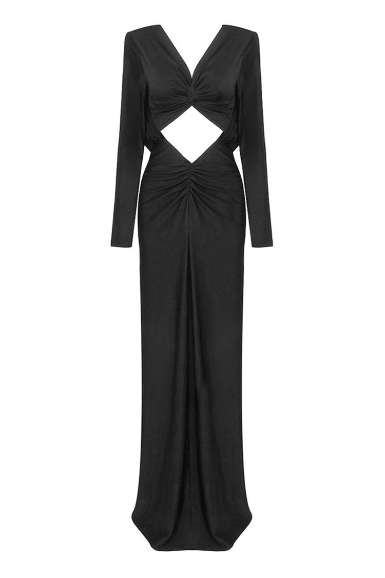 Diva V Neck Long Sleeve Cutout Twist Ruched Draped Jersey Evening Maxi Dress