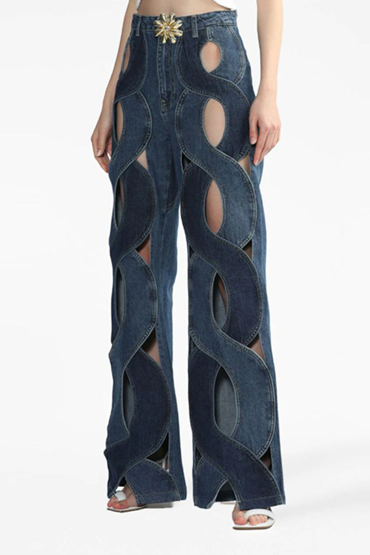 Dramatic Cutout Bicolor Spiral Metallic High Waist Full Length Wide Leg Jeans