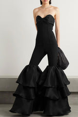 Dramatic Twist Sweetheart Neck Layered Ruffle Flare Leg Bandage Jumpsuit