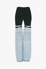 Eclectic Style High Waist Pocket Trim Belted Fit & Flare Spliced Denim Jeans