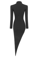 Edge Cutout Crystal O Ring Long Sleeve Bodycon Bandage Knit Party Mini Dress - Black