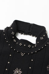Elegant Bead Embellished Mock Neck Cut Out Sleeveless Sweater Midi Dress