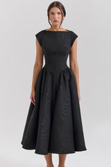 Elegant Boat Neck Cap Sleeve Cutout Back Fit & Flare Cocktail Midi Dress