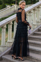 Elegant Bow Tie Collared Glitter Dotted Tulle Tiered Ruffle Gown Dress - Black