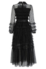 Elegant Bow Tie Collared Glitter Dotted Tulle Tiered Ruffle Gown Dress - Black
