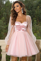 Elegant Bustier Puff Sleeve Satin Panel Tulle Skater Party Mini Dress