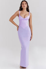 Elegant Bustier Sleeveless Satin Spliced Mesh Bodycon Evening Maxi Dress