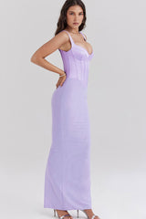 Elegant Bustier Sleeveless Satin Spliced Mesh Bodycon Evening Maxi Dress