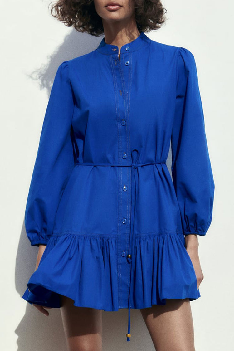 Elegant Button Down Bishop Sleeve A line Ruffle Shirt Mini Dress - Royal Blue